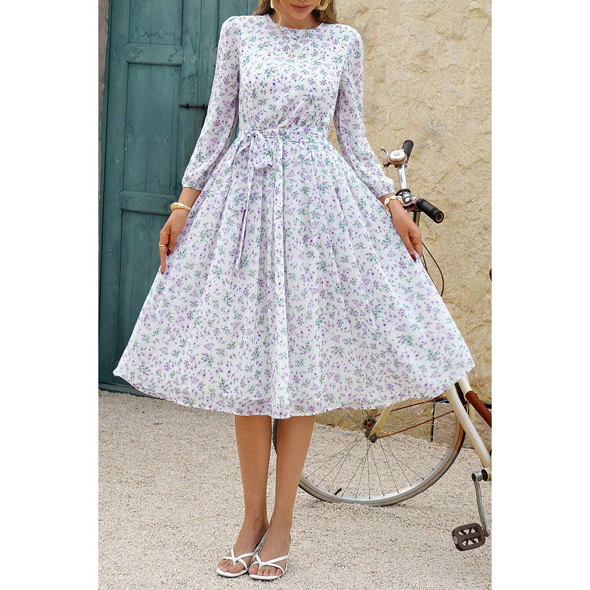 Dot Print Lantern Sleeve Belted Midi Dress - MVTFASHION.COM