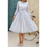Dot Print Lantern Sleeve Belted Midi Dress - MVTFASHION.COM