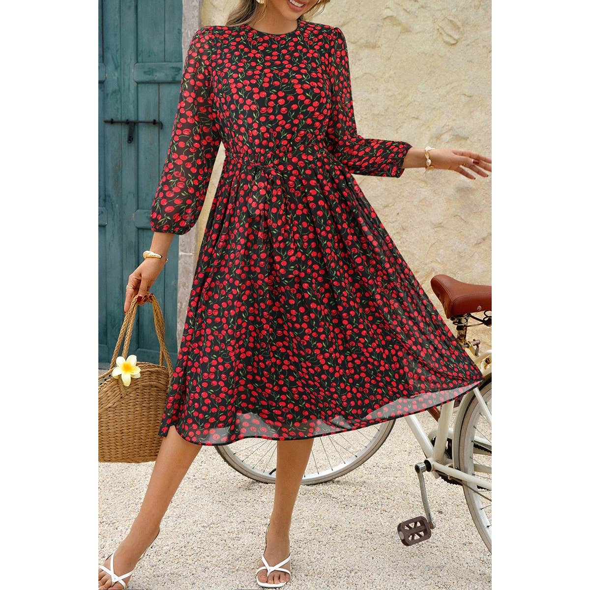 Dot Print Lantern Sleeve Belted Midi Dress - MVTFASHION.COM