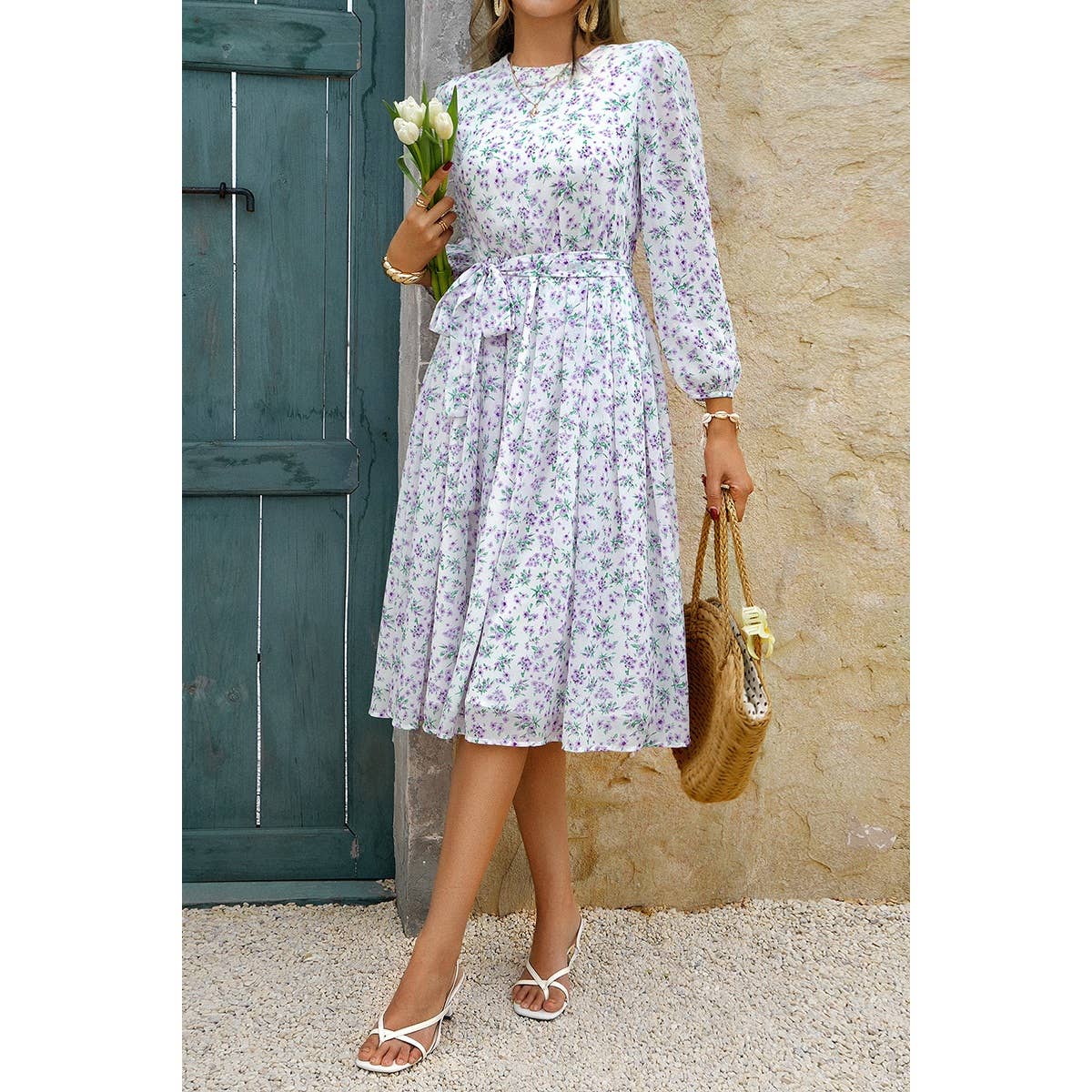 Dot Print Lantern Sleeve Belted Midi Dress - MVTFASHION.COM