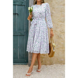 Dot Print Lantern Sleeve Belted Midi Dress - MVTFASHION.COM