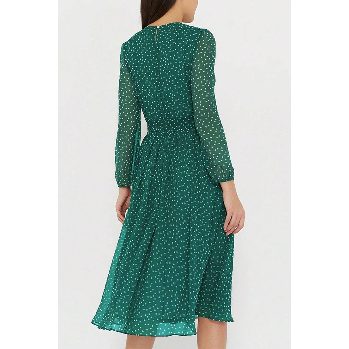 Dot Print Lantern Sleeve Belted Midi Dress - MVTFASHION.COM