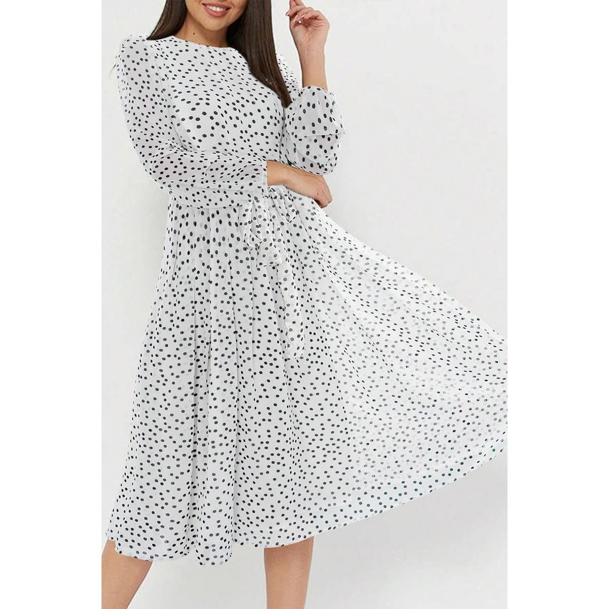 Dot Print Lantern Sleeve Belted Midi Dress - MVTFASHION.COM