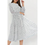 Dot Print Lantern Sleeve Belted Midi Dress - MVTFASHION.COM