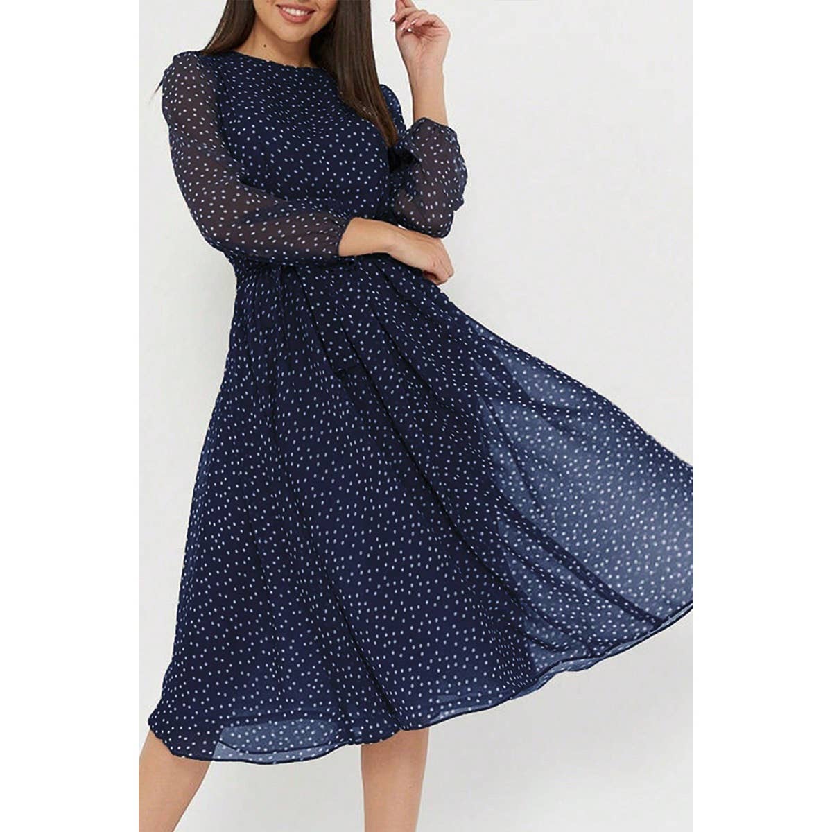 Dot Print Lantern Sleeve Belted Midi Dress - MVTFASHION.COM