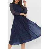 Dot Print Lantern Sleeve Belted Midi Dress - MVTFASHION.COM