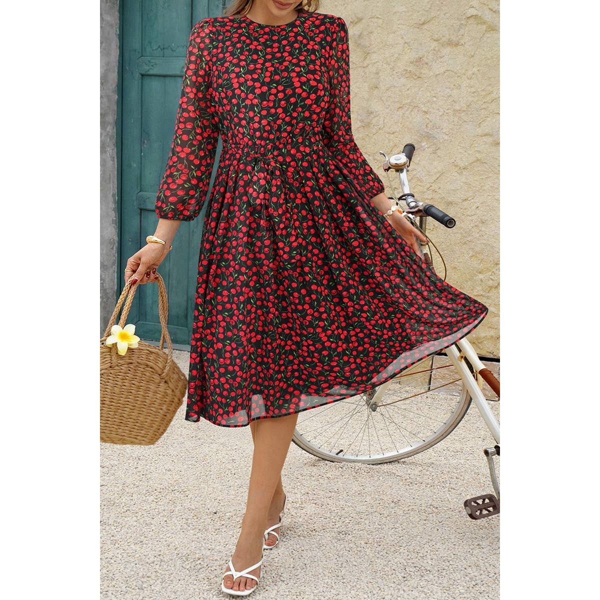 Dot Print Lantern Sleeve Belted Midi Dress - MVTFASHION.COM