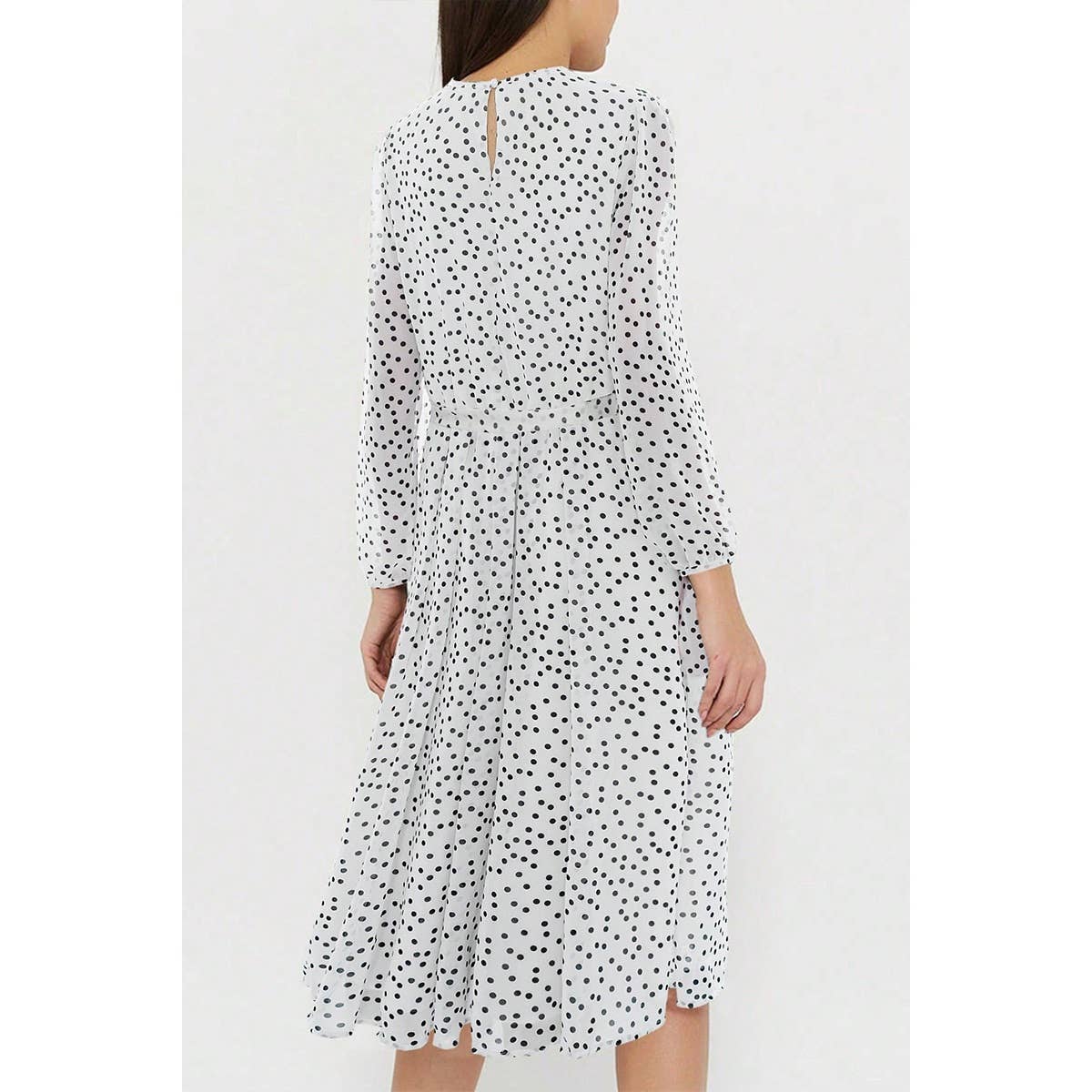Dot Print Lantern Sleeve Belted Midi Dress - MVTFASHION.COM