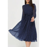 Dot Print Lantern Sleeve Belted Midi Dress - MVTFASHION.COM