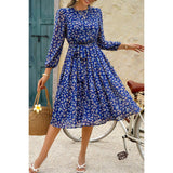 Dot Print Lantern Sleeve Belted Midi Dress - MVTFASHION.COM