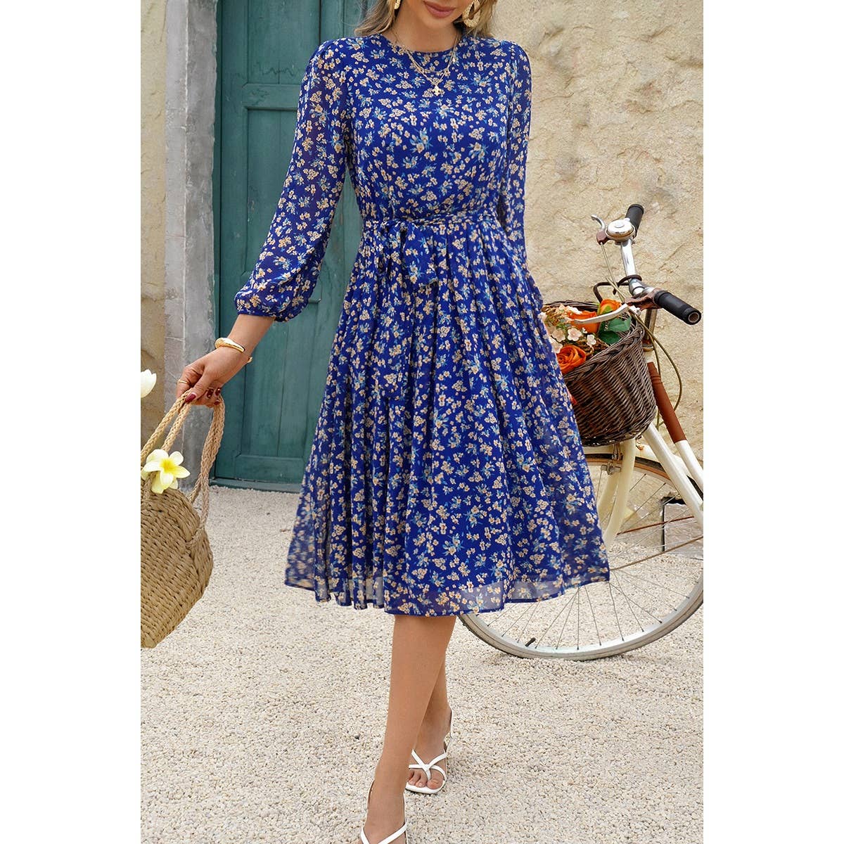 Dot Print Lantern Sleeve Belted Midi Dress - MVTFASHION.COM