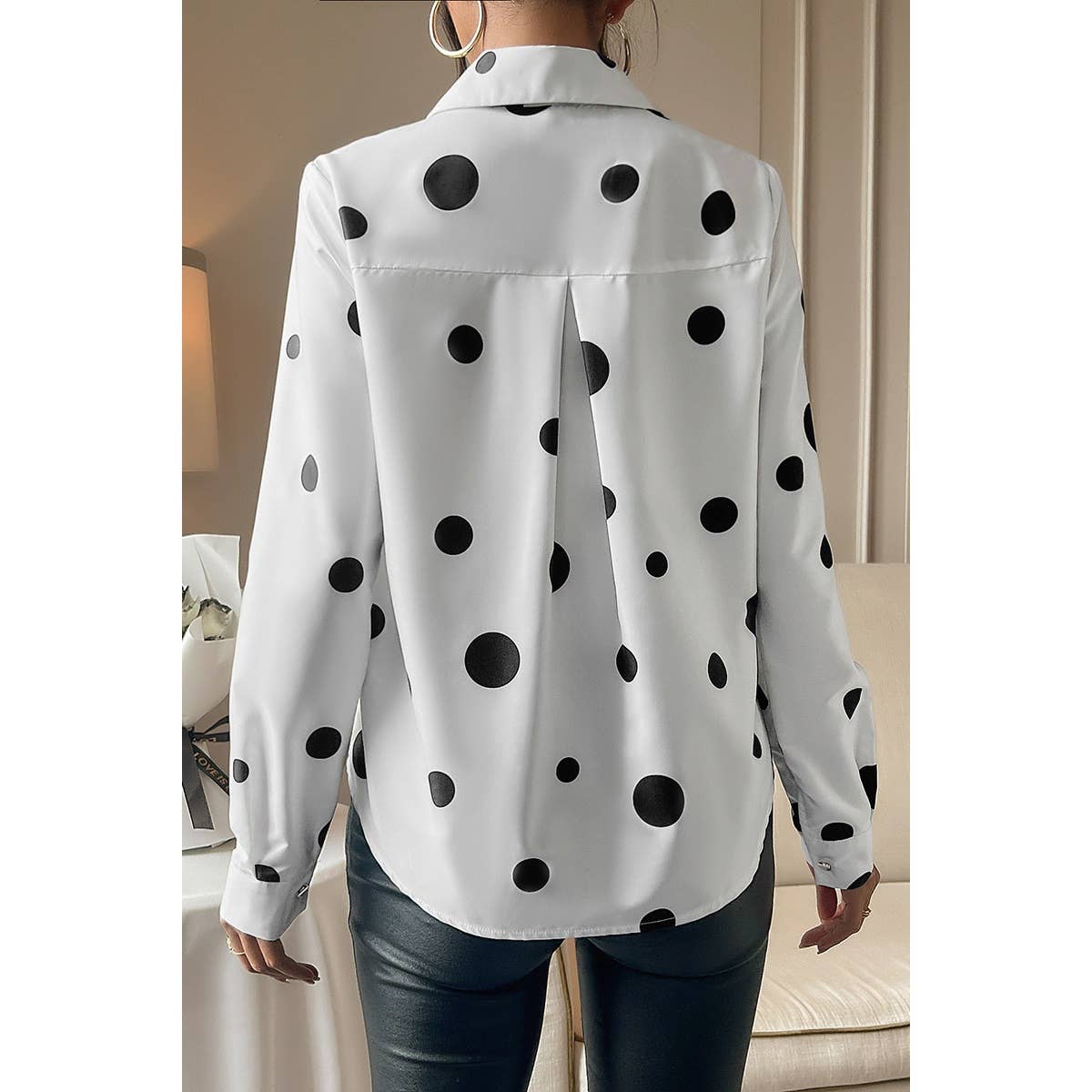 Dot Print Pocket Drop Shoulder Button Blouse - MVTFASHION.COM