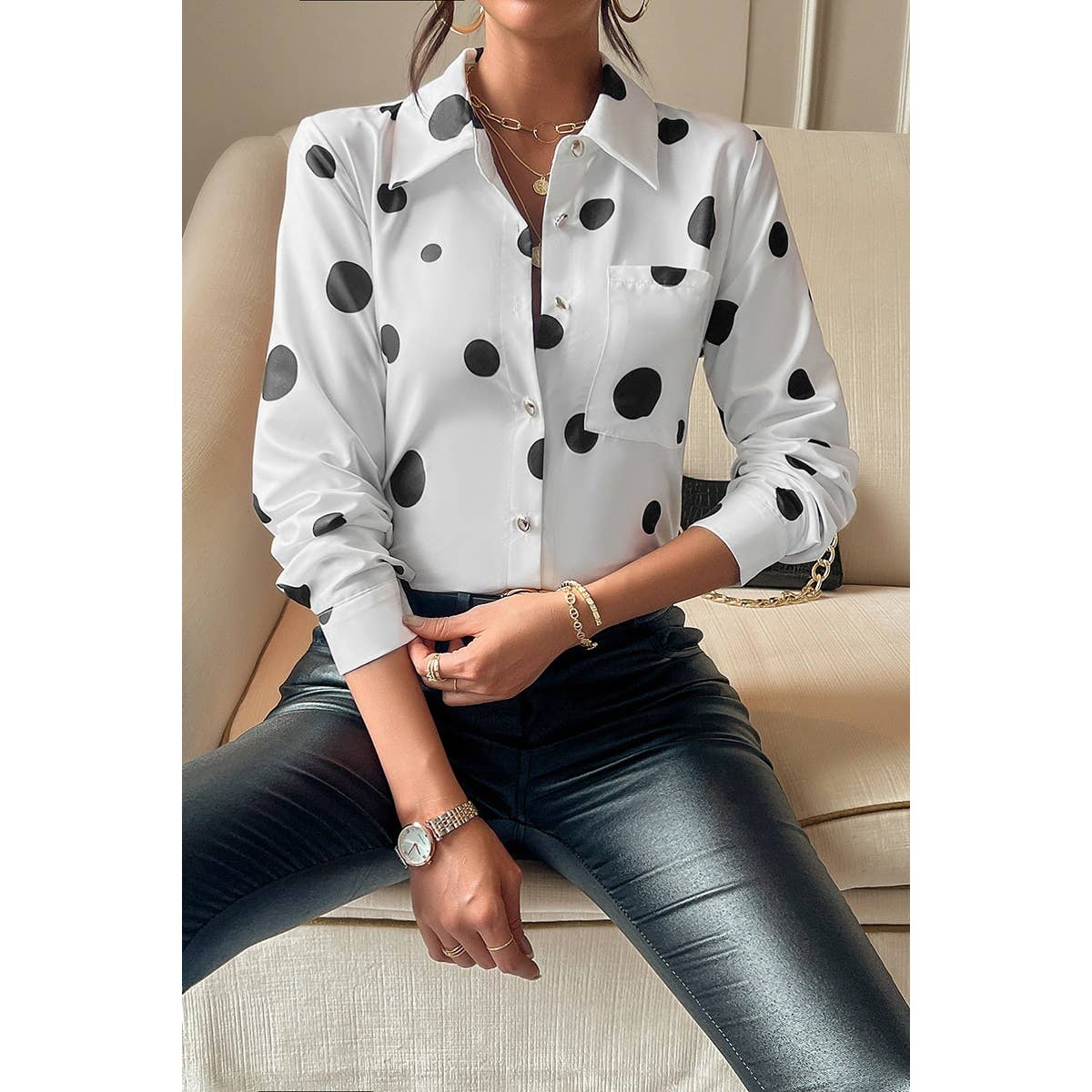 Dot Print Pocket Drop Shoulder Button Blouse - MVTFASHION.COM