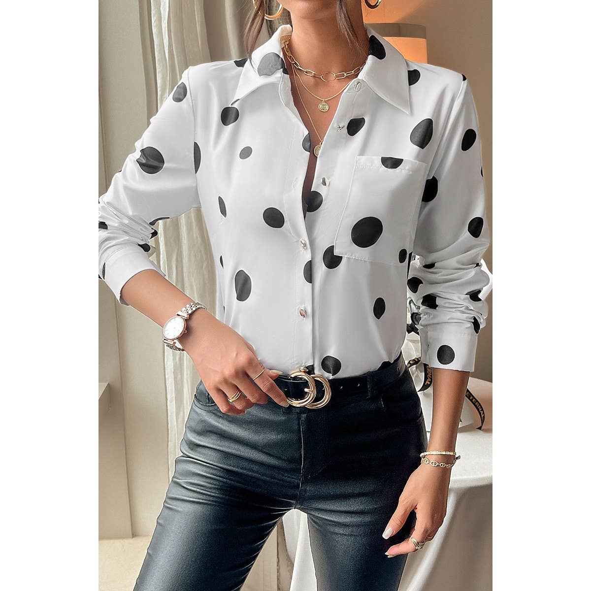 Dot Print Pocket Drop Shoulder Button Blouse - MVTFASHION.COM