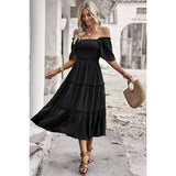 Dot Ruffle Fit Square Neck Solid Midi Dress - MVTFASHION.COM