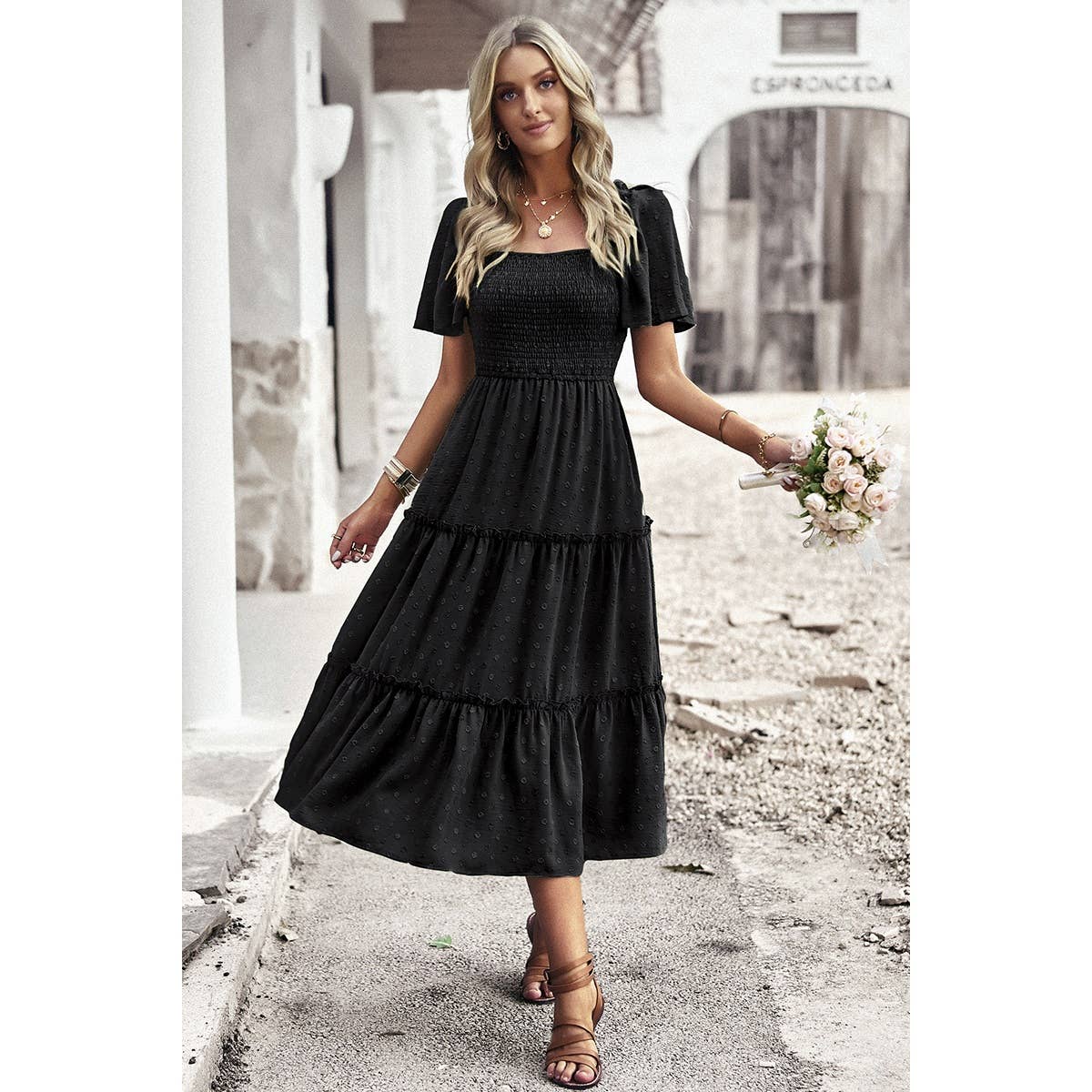 Dot Ruffle Fit Square Neck Solid Midi Dress - MVTFASHION.COM