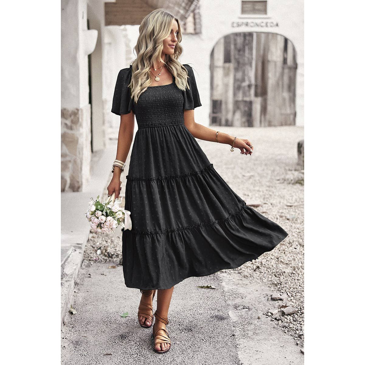 Dot Ruffle Fit Square Neck Solid Midi Dress - MVTFASHION.COM