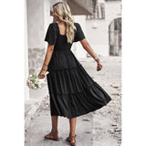 Dot Ruffle Fit Square Neck Solid Midi Dress - MVTFASHION.COM