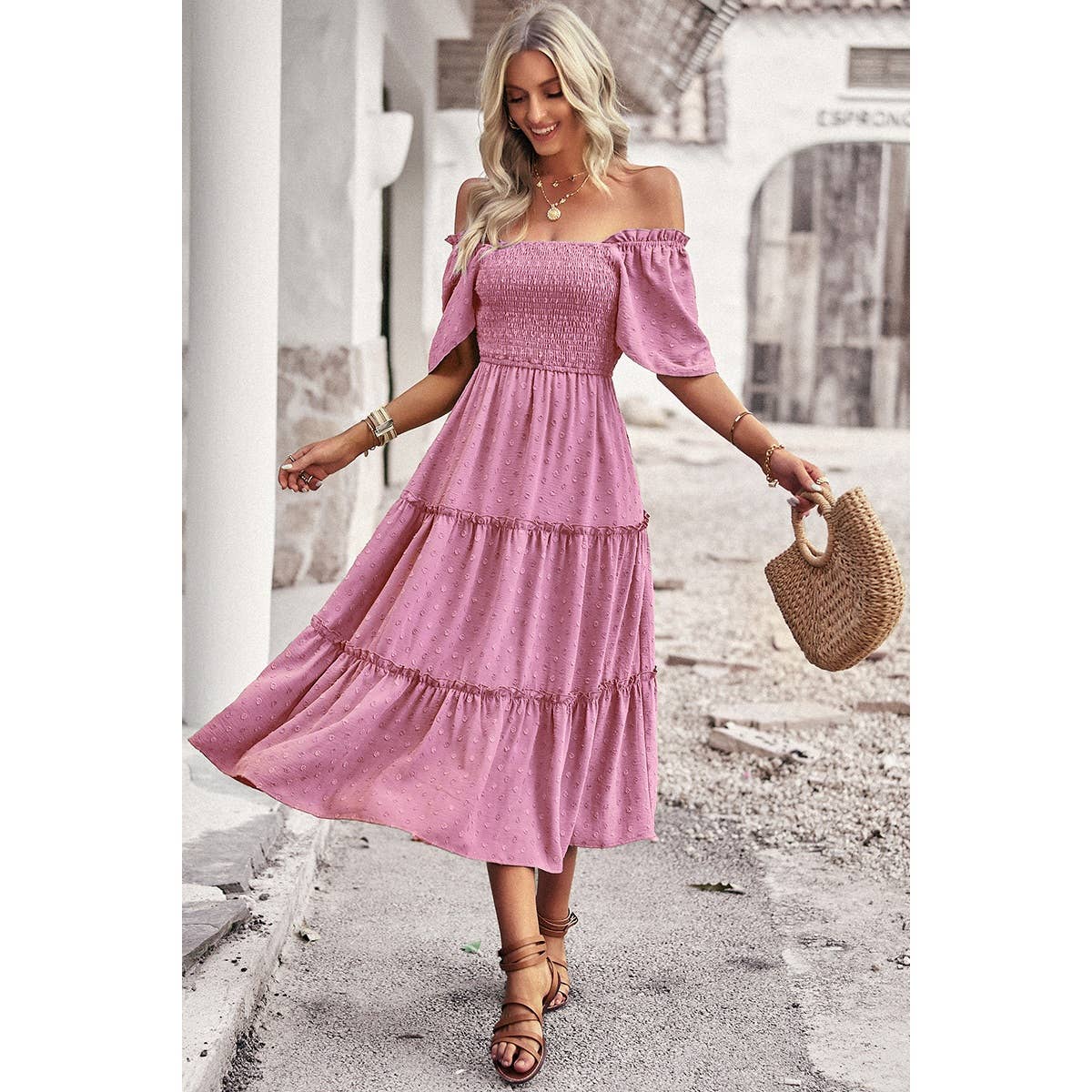 Dot Ruffle Fit Square Neck Solid Midi Dress - MVTFASHION.COM