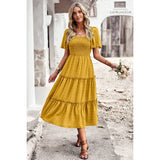 Dot Ruffle Fit Square Neck Solid Midi Dress - MVTFASHION.COM