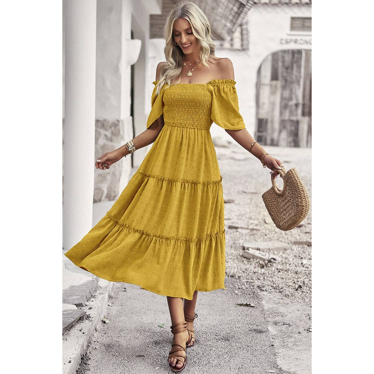 Dot Ruffle Fit Square Neck Solid Midi Dress - MVTFASHION.COM