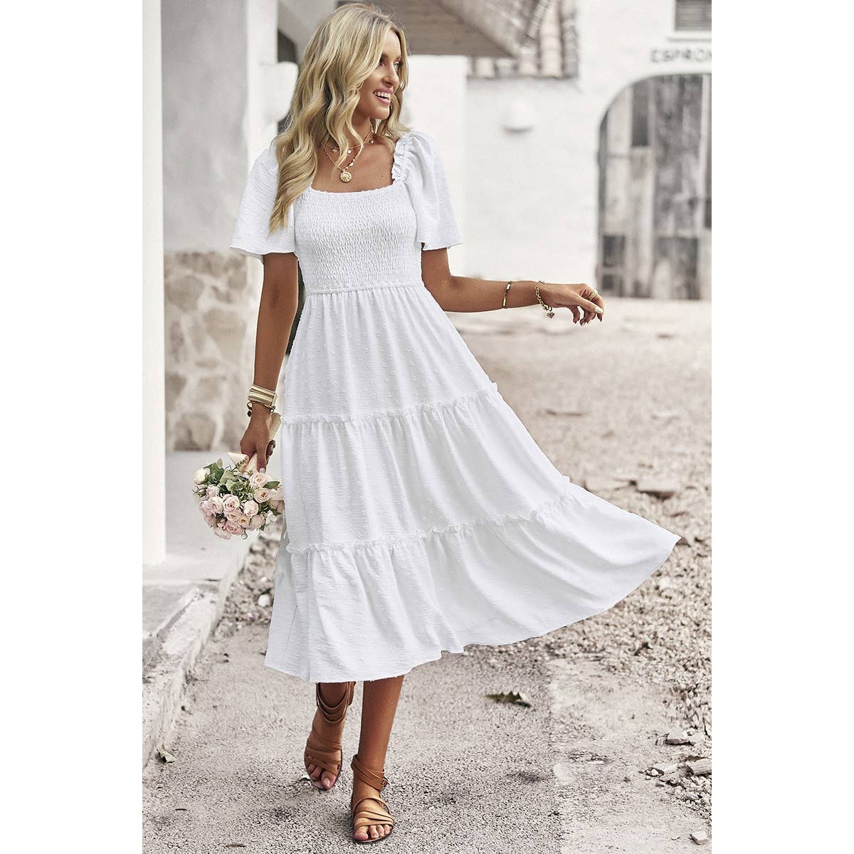 Dot Ruffle Fit Square Neck Solid Midi Dress - MVTFASHION.COM