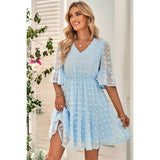 Dot Solid V Neck Badydoll Midi Dress - MVTFASHION.COM