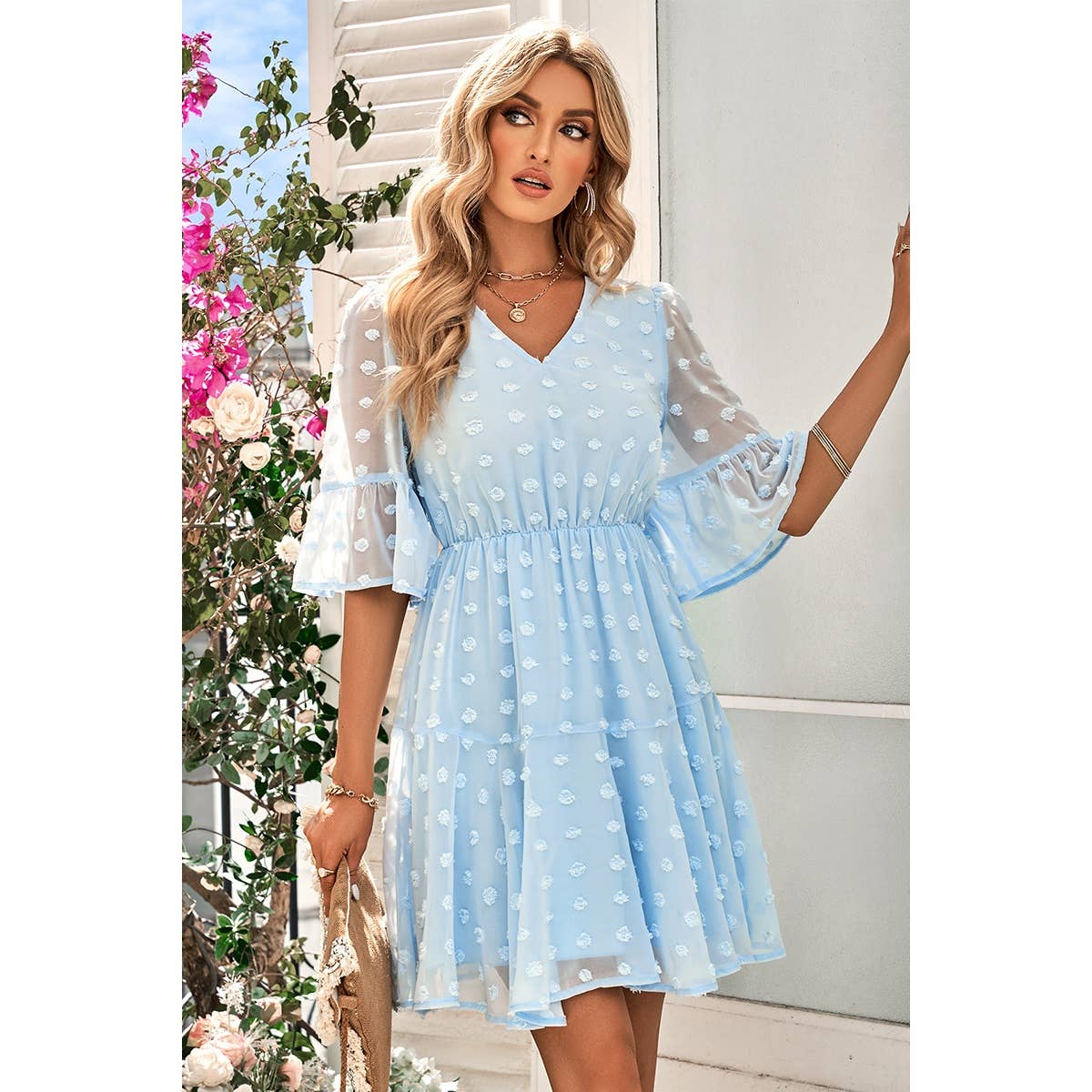 Dot Solid V Neck Badydoll Midi Dress - MVTFASHION.COM