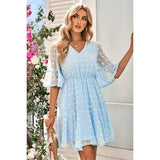 Dot Solid V Neck Badydoll Midi Dress - MVTFASHION.COM