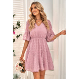 Dot Solid V Neck Badydoll Midi Dress - MVTFASHION.COM