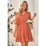 Dot Solid V Neck Badydoll Midi Dress - MVTFASHION.COM