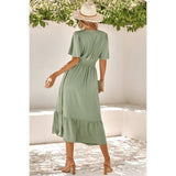 Dot V Neck Belt Solid Color Block Dress - MVTFASHION.COM