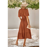 Dot V Neck Belt Solid Color Block Dress - MVTFASHION.COM