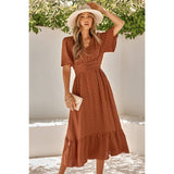 Dot V Neck Belt Solid Color Block Dress - MVTFASHION.COM