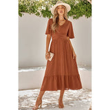 Dot V Neck Belt Solid Color Block Dress - MVTFASHION.COM