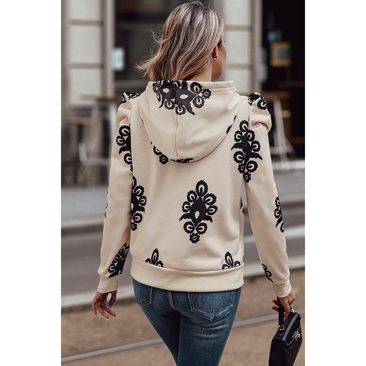 Drawstring Puff Sleeves Loose Hooded Sweatshirt - MVTFASHION.COM