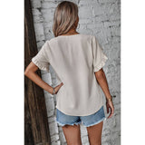 Solid Button V Neck Ruffle Sleeves Loose Fit Blouse - MVTFASHION.COM