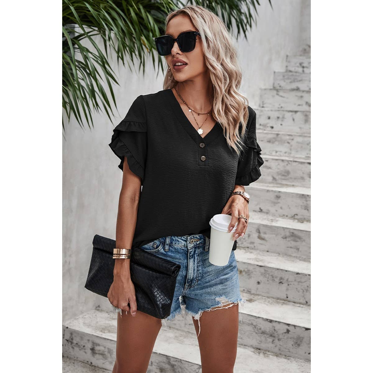 Solid Button V Neck Ruffle Sleeves Loose Fit Blouse - MVTFASHION.COM