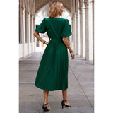 Fit Ruffle V Neck Solid A Line Dress - MVTFASHION.COM