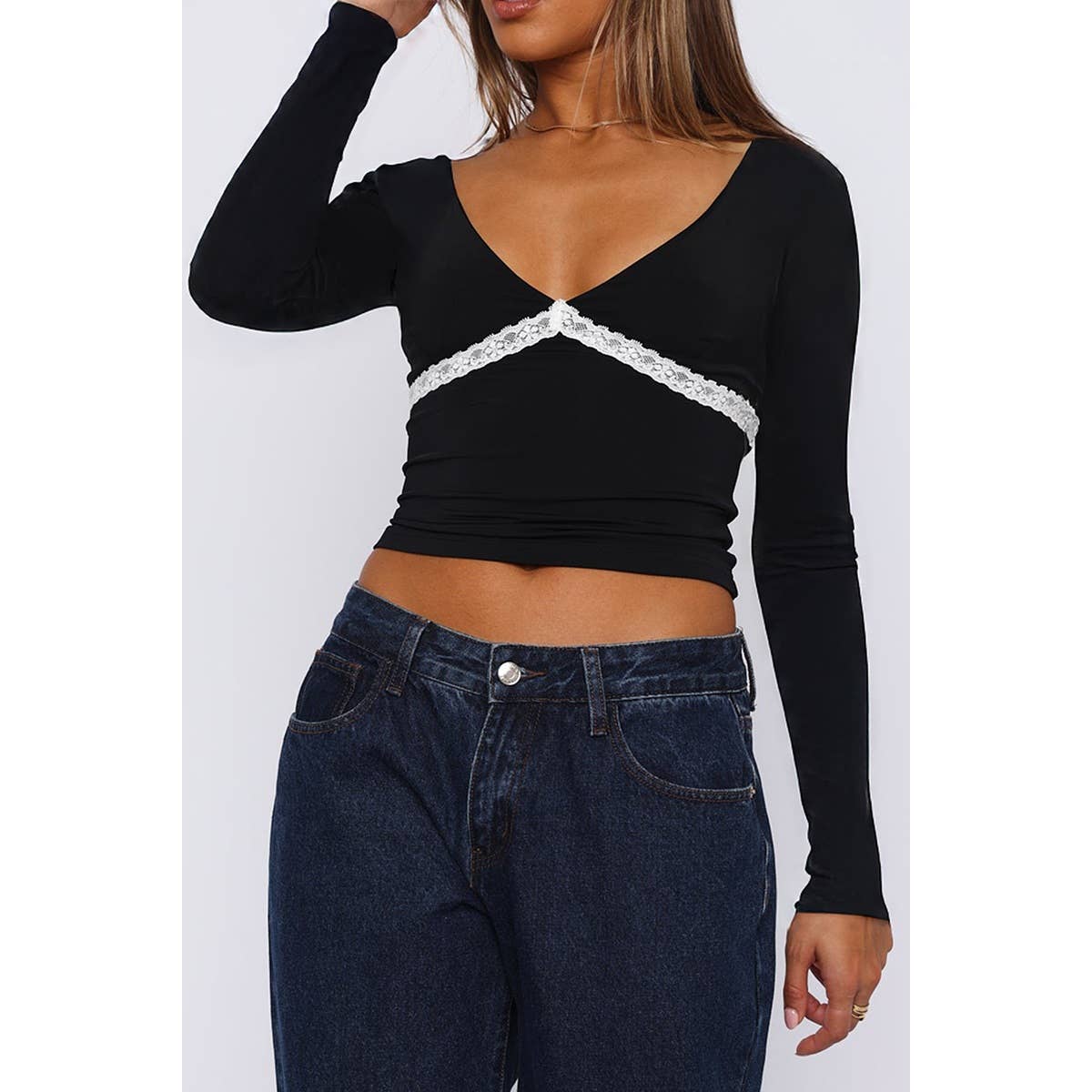 Elastic Deep Square Neck Lace Trim Long Sleeve Top - MVTFASHION.COM