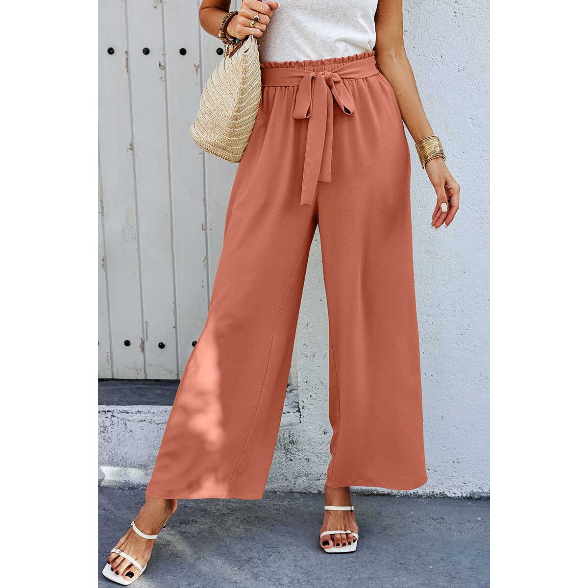 Elastic Waist Belt Pockets Wide Leg Pant - MVTFASHION.COM