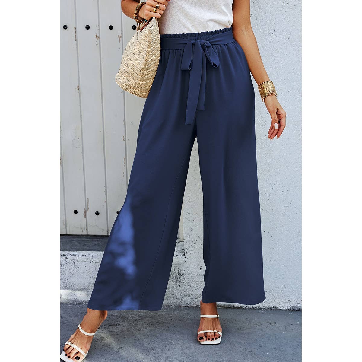 Elastic Waist Belt Pockets Wide Leg Pant - MVTFASHION.COM