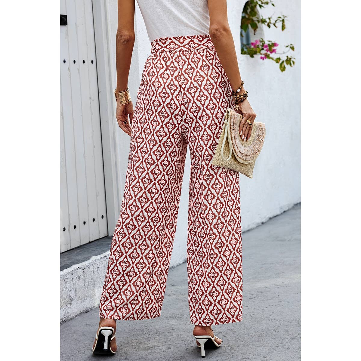 Elastic Waist Belt Pockets Wide Leg Pant - MVTFASHION.COM