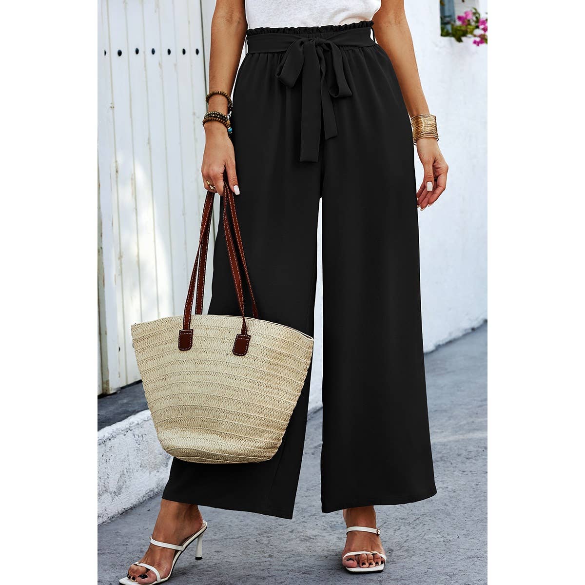 Elastic Waist Belt Pockets Wide Leg Pant - MVTFASHION.COM