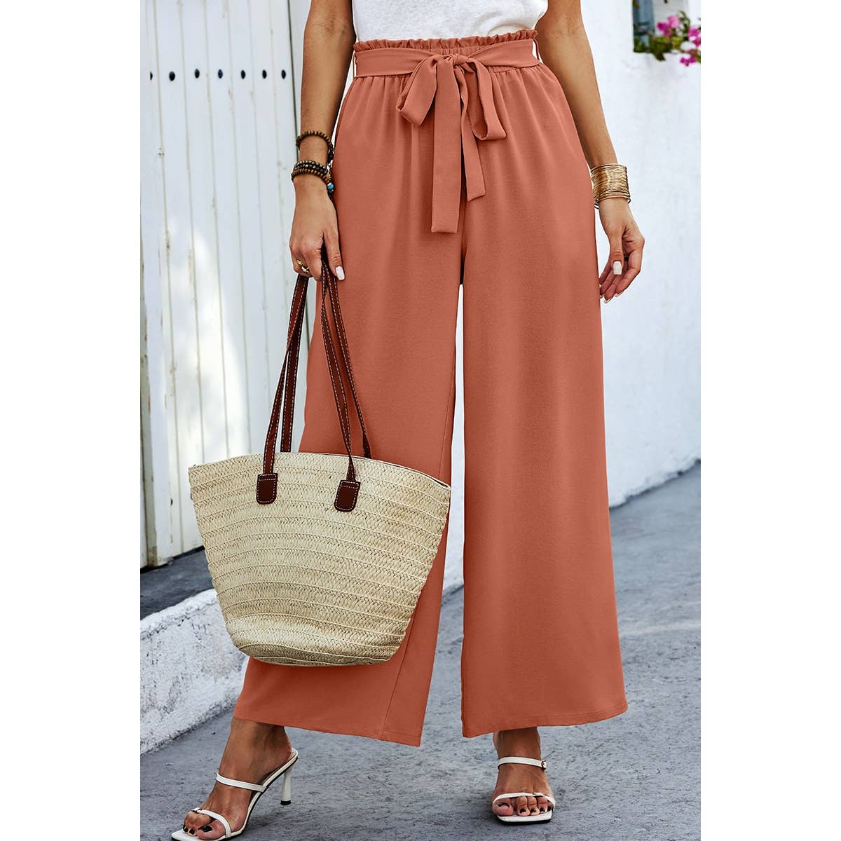 Elastic Waist Belt Pockets Wide Leg Pant - MVTFASHION.COM