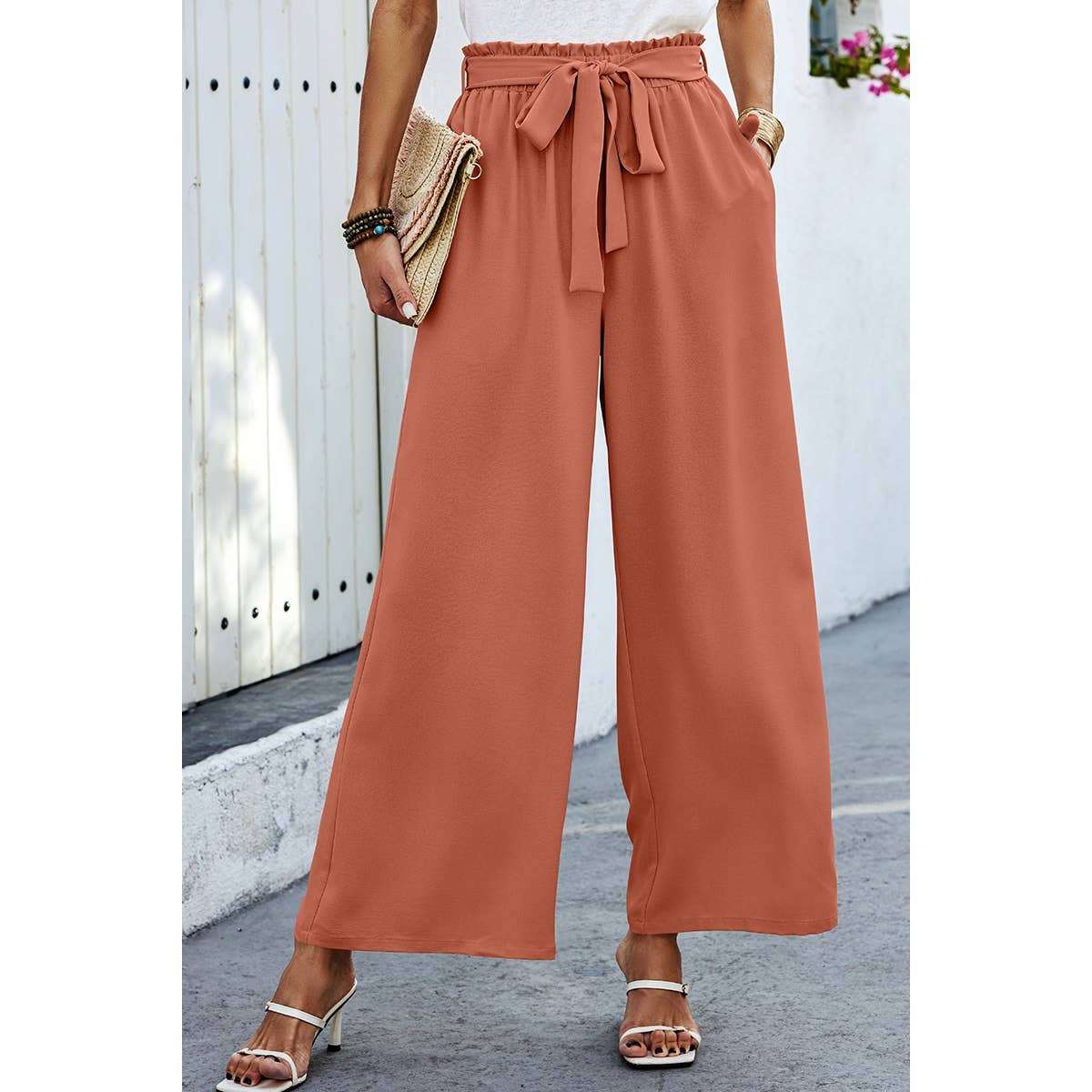 Elastic Waist Belt Pockets Wide Leg Pant - MVTFASHION.COM