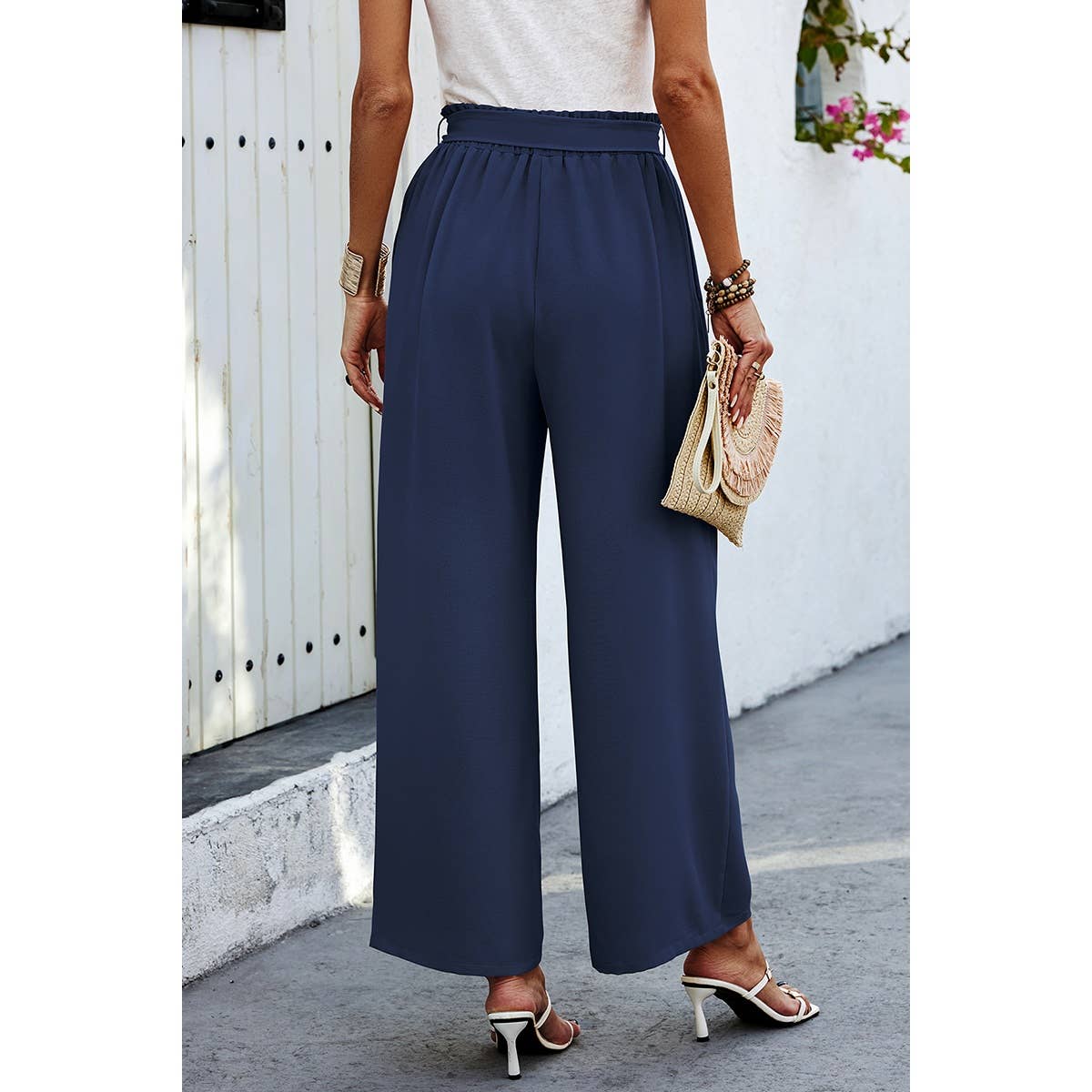 Elastic Waist Belt Pockets Wide Leg Pant - MVTFASHION.COM