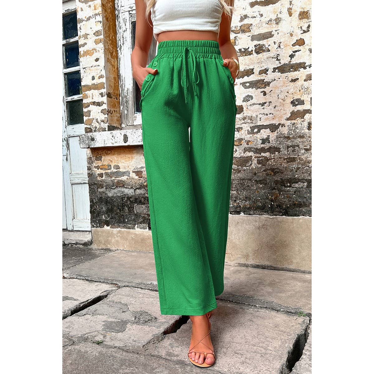 Elastic Waist Solid Pockets Button Trim Pants - MVTFASHION.COM