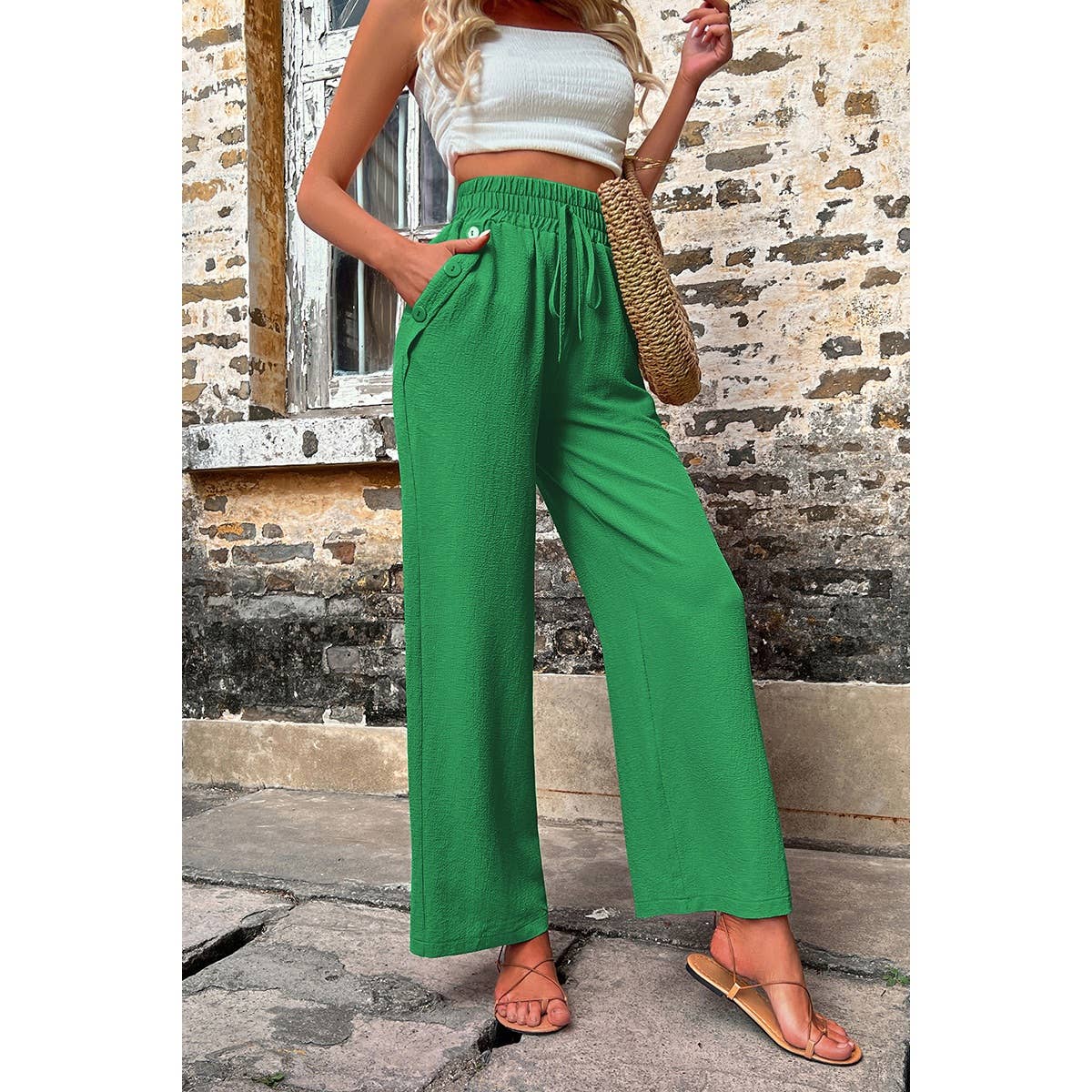 Elastic Waist Solid Pockets Button Trim Pants - MVTFASHION.COM