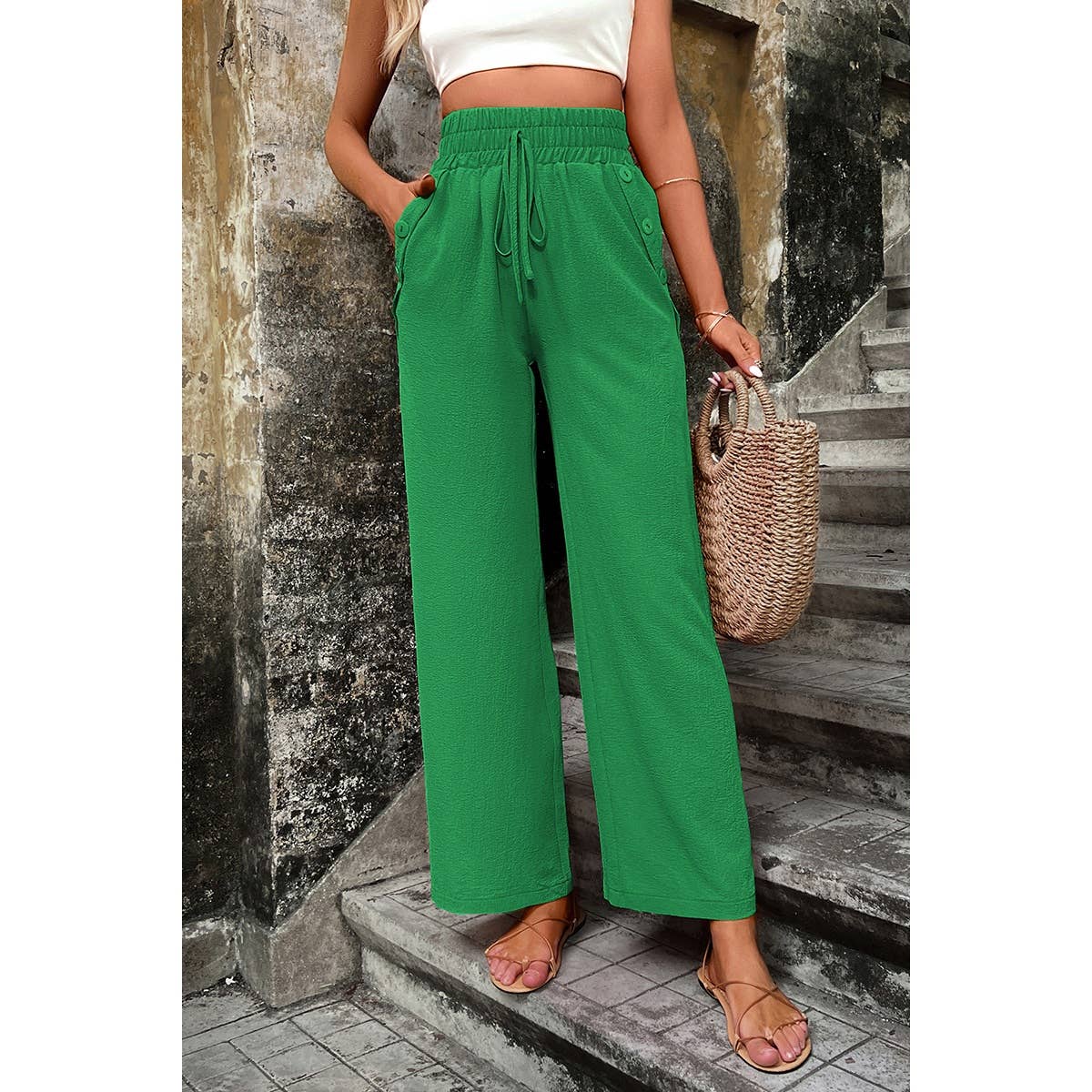 Elastic Waist Solid Pockets Button Trim Pants - MVTFASHION.COM